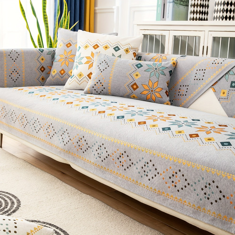 Boho Chenille Sofa Cover Non-Slip Jacquard Woven Couch Slipcover Pet Friendly Machine Washable 2 3 4 Seat Backrest Grey White Orange Bohemian Style