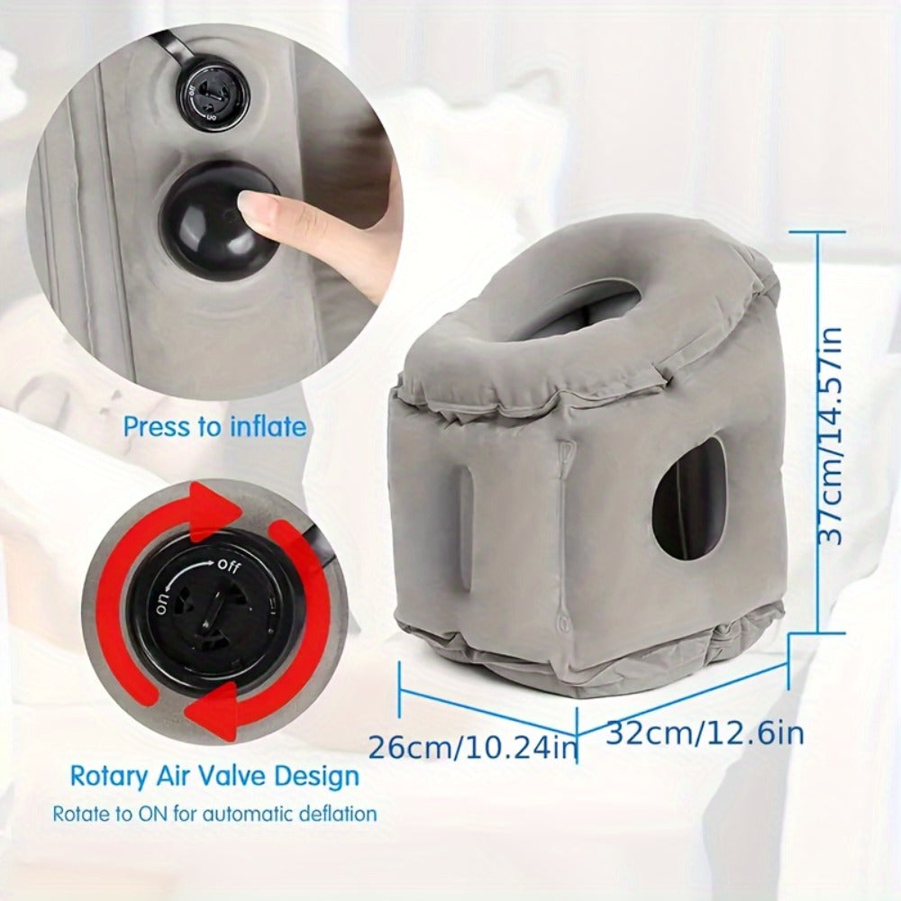 Grey Inflatable Forward-Leaning Travel Pillow with Face Opening, Arm Access, Carry Case and 37 × 32 × 26 cm Label