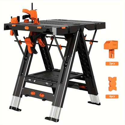 Folding Workbench Sawhorse 2-in-1 Waterproof Height Adjustable Aluminum Legs 150LBS Clamp Force with 4 Woodworking Clamps for DIY Garage Workshop Portable