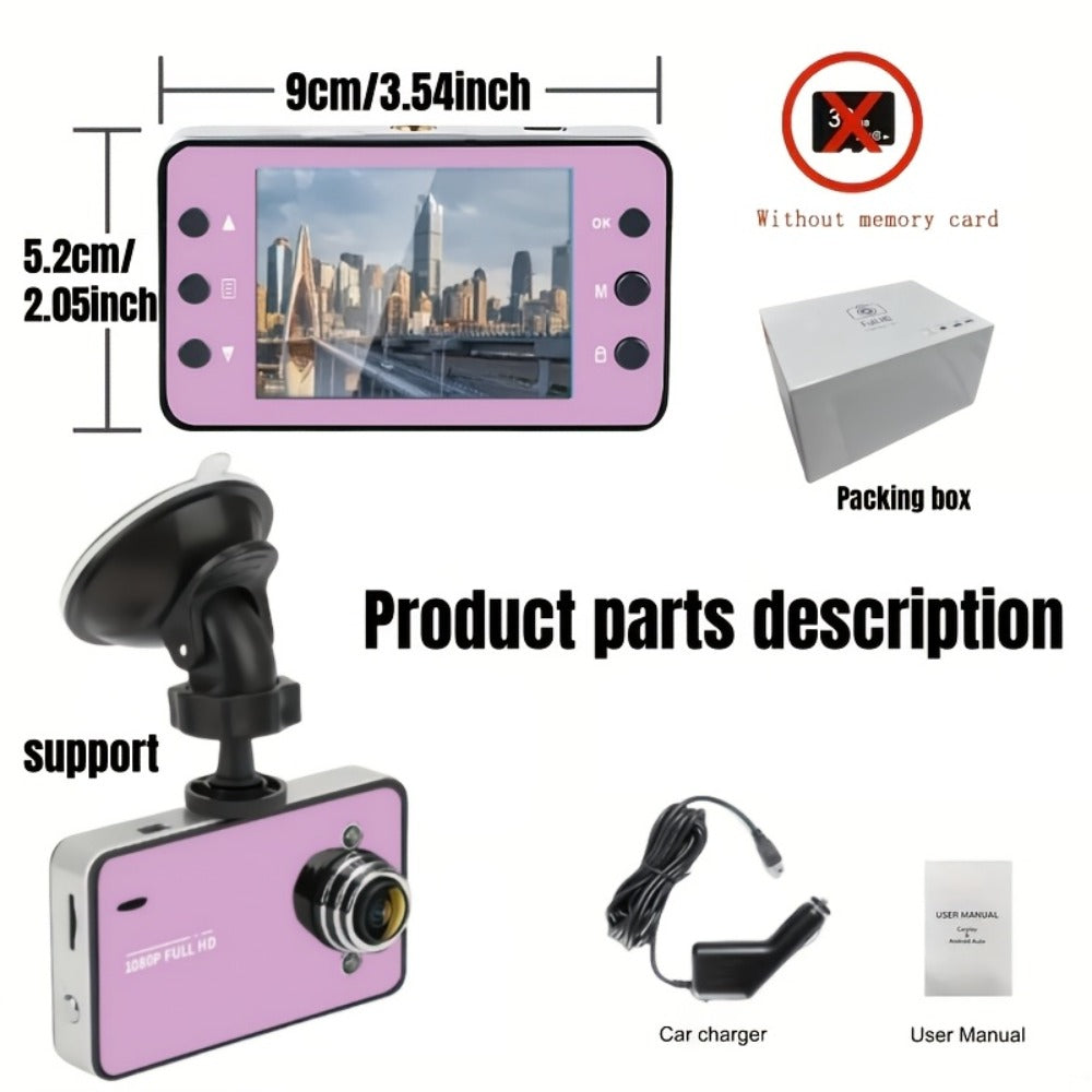 1080P Dash Cam with Night Vision & Loop Recording – 2.2" Car DVR Camera, Suction Cup Mount, Single Lens, No SD Card Required, Available in 4 Colors