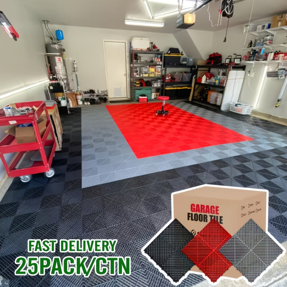 Garage Floor Tiles 25Pcs – Interlocking Plastic Mesh Spliced Floor Mats for Car Wash Auto Detailing Garage Flooring, 5 Colors Available
