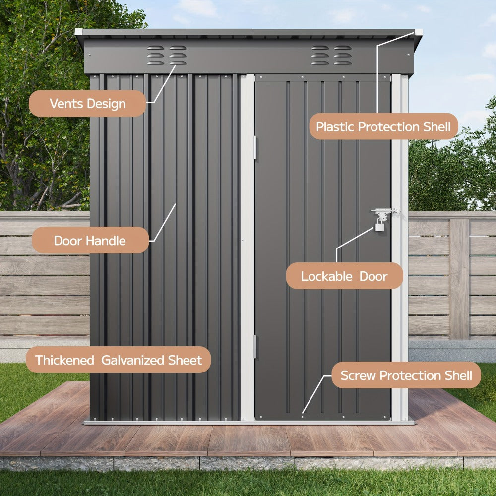 Grey 5 x 3 Ft Metal Outdoor Storage Shed with Single Door, Vent Panels and Sloped Roof Design