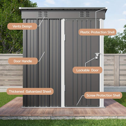 Grey 5 x 3 Ft Metal Outdoor Storage Shed with Single Door, Vent Panels and Sloped Roof Design