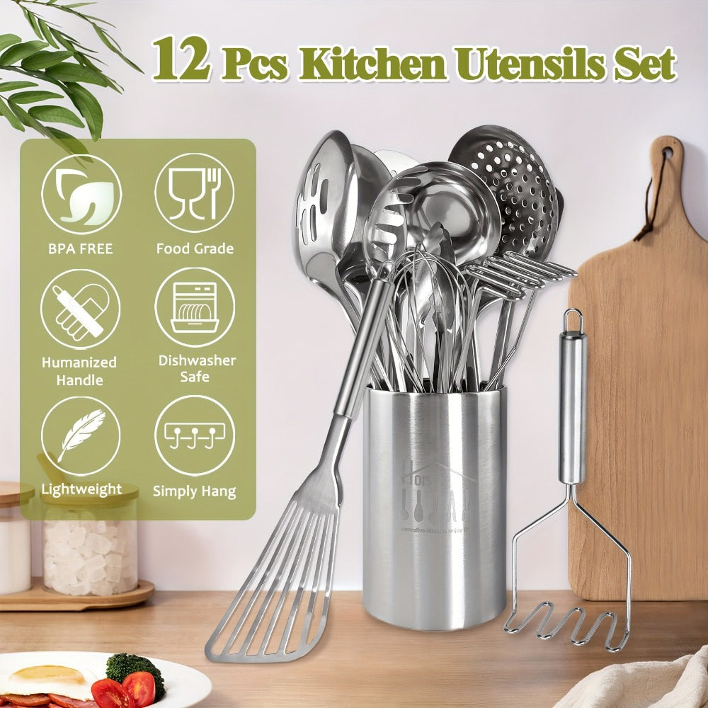 Stainless Steel Kitchen Utensils Set 12 Piece with Holder – Heat Resistant Cooking Utensils, Spatula, Ladle, Tongs, Whisk, Skimmer, Potato Masher, Slotted Spoon