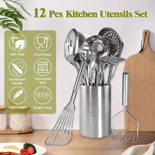 Stainless Steel Kitchen Utensils Set 12 Piece with Holder – Heat Resistant Cooking Utensils, Spatula, Ladle, Tongs, Whisk, Skimmer, Potato Masher, Slotted Spoon