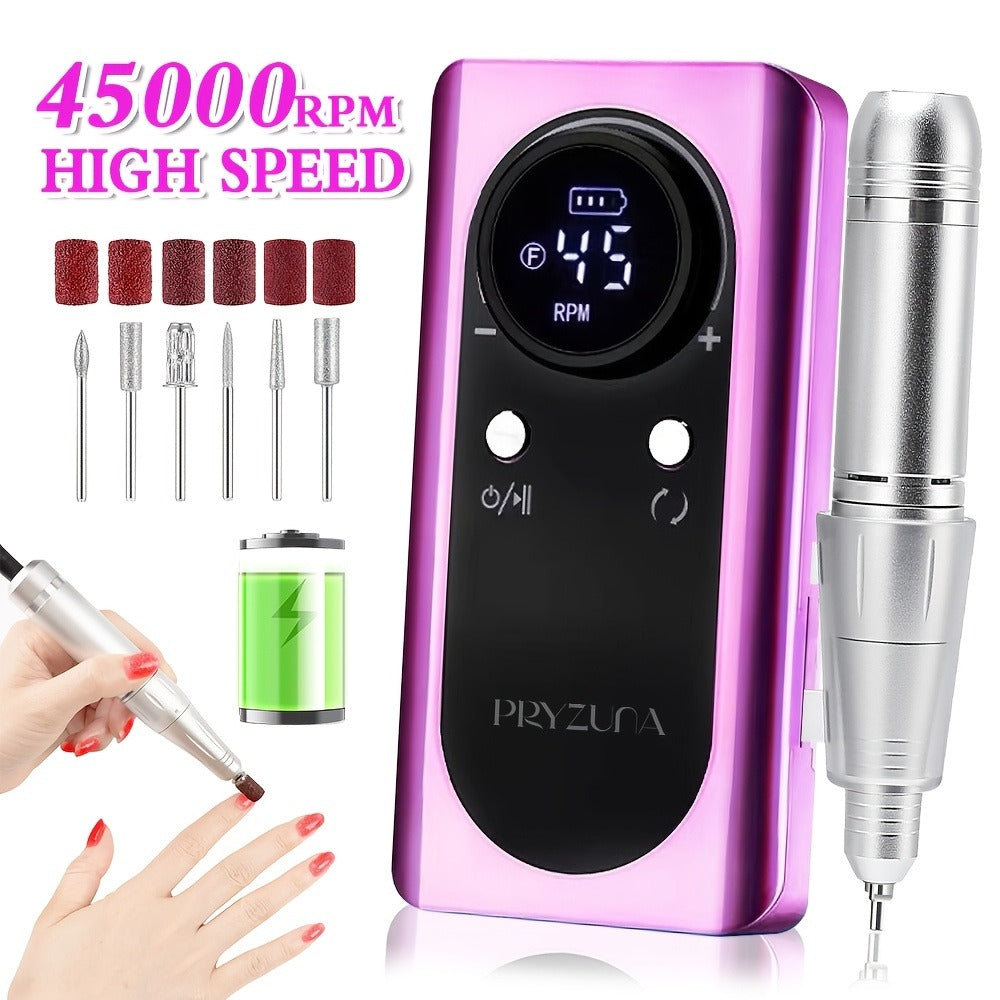 Nail Drill Machine 45000 RPM Brushless Motor 10-Hour Battery Electric Nail File with LCD Smart Screen 6 Drill Bits 6 Sanding Bands – Forward Reverse Low Noise Nail Grinder for Gel Acrylic Nails Home Salon