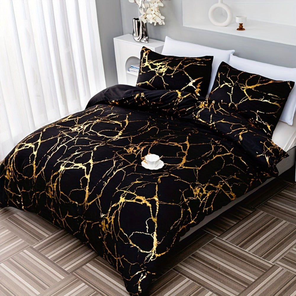 3-Piece Duvet Cover Set with Bronzed-Look Marble Vein Print in White, Khaki or Black and Four Sizes