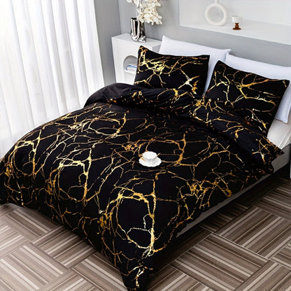 3-Piece Duvet Cover Set with Bronzed-Look Marble Vein Print in White, Khaki or Black and Four Sizes