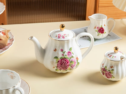 Floral Porcelain-Style Tea Service Set for Six in Five Coral, Peach, Rose, Peony or Spring Designs