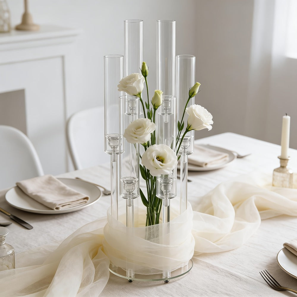 Clear Acrylic Six-Arm Candelabra with 68cm Height, 22cm Round Base and 2-, 4-, 10-, 12- or 20-Piece Options