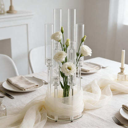 Clear Acrylic Six-Arm Candelabra with 68cm Height, 22cm Round Base and 2-, 4-, 10-, 12- or 20-Piece Options