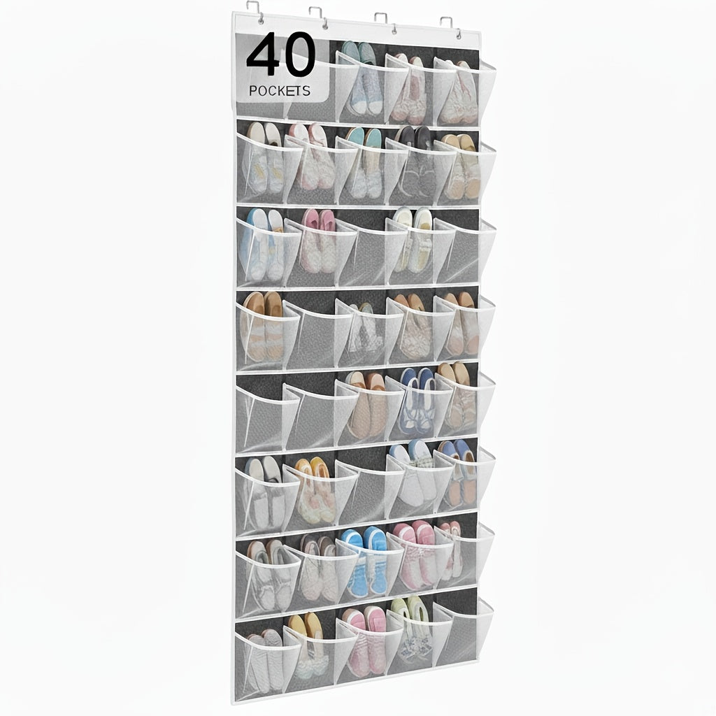 Over the Door Shoe Organizer 40 Pockets with 4 Hooks – Durable Fabric Hanging Shoe Storage for Closet, Entryway & Bedroom – Space-Saving Door Shoe Rack in Gray, White & Black