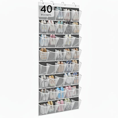 Over the Door Shoe Organizer 40 Pockets with 4 Hooks – Durable Fabric Hanging Shoe Storage for Closet, Entryway & Bedroom – Space-Saving Door Shoe Rack in Gray, White & Black