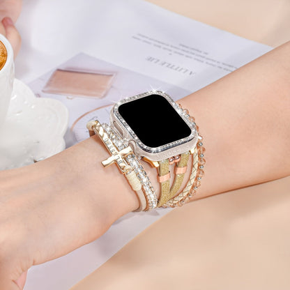 Boho Apple Watch Band 2-in-1 Bracelet & Protective Case for Women, Handmade Multilayer Wrap Strap with Glitter Bumper, Fits Apple Watch 38/40/41/42/44/45mm Series 9 8 7 6 5 4 3 2 1 SE – Sky Blue Pink Gold