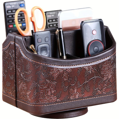 360° Swivel Remote Control Holder with 5 Compartments – PU Leather Desktop Organizer Caddy for TV Remotes, Phones, Glasses, Cosmetics & Stationery, Rotating Storage Box for Home Office Nightstand