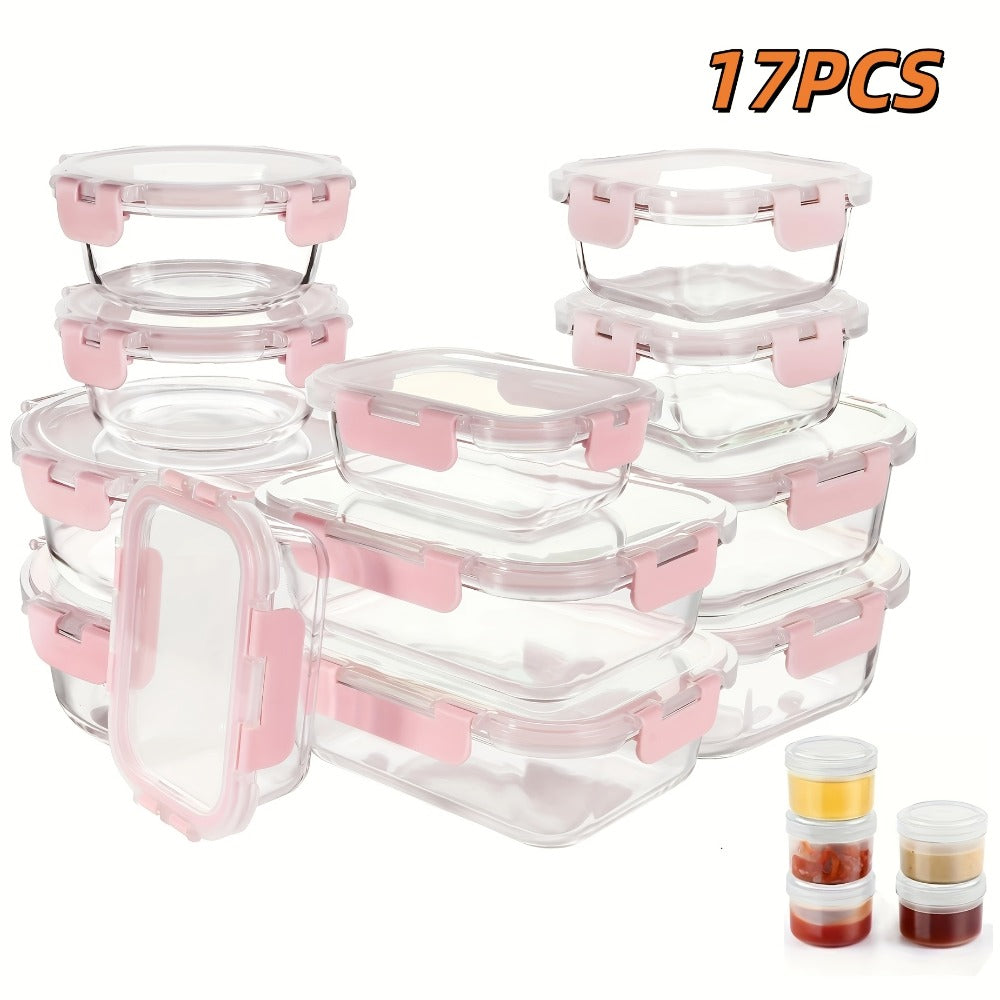 Food Storage Containers Borosilicate Glass Set with Locking Lids in 10-, 12- or 17-Piece Color Options