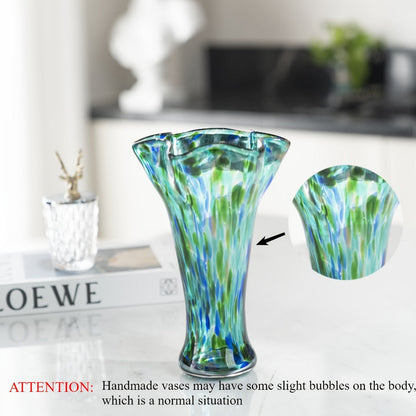 Teal Green Art Glass Flower Vase with Wide Petal-Shaped Mouth, 26 cm Height and Thick Round Base