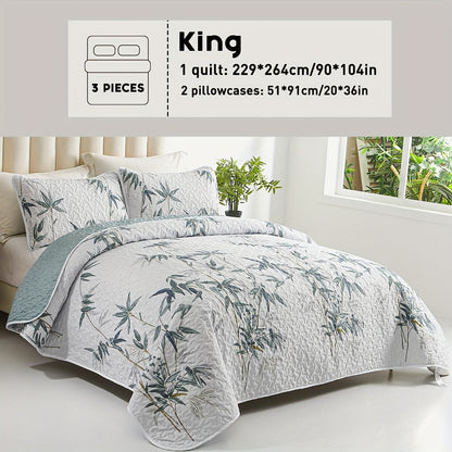 Reversible Botanical Microfiber Quilt Set with Pillow Shams, Five Patterns and Twin, Full/Queen or King Sizes