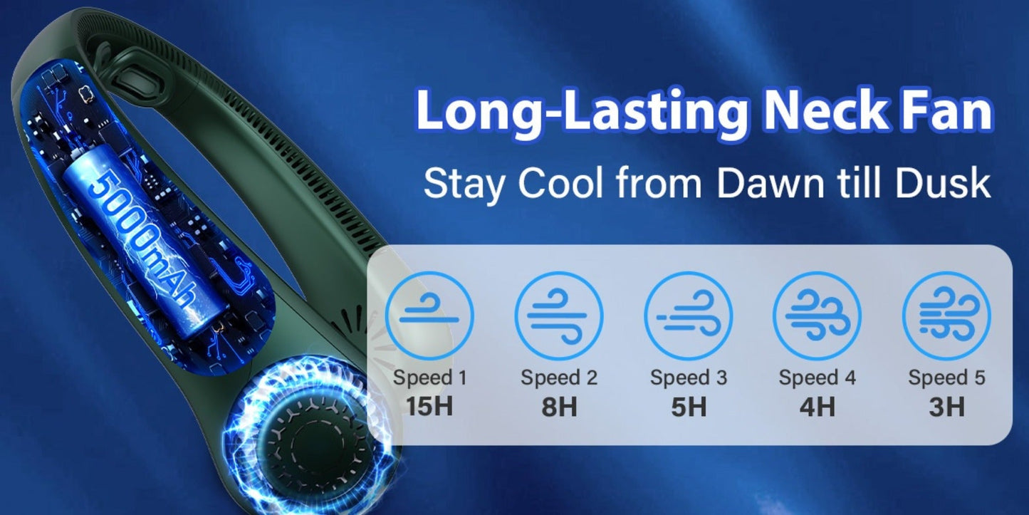 Loop-Style Neck Fan in Ten Single or Paired Color Checkouts with Five-Speed Control and USB Charging