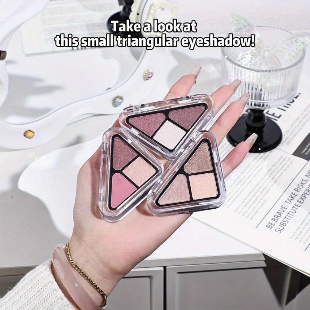 Eyeshadow Palette 3-Shade Triangular Compact with Pink and Brown Color Theme, Clear Lid and Matte-Shimmer Finish Mix