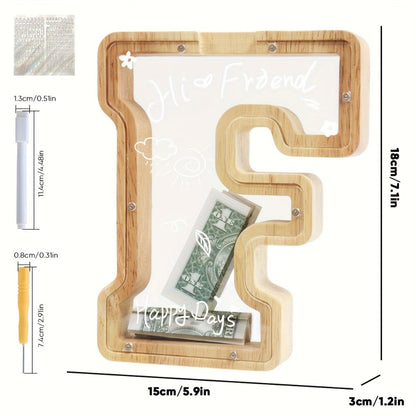 Alphabet Wooden Money Bank with Clear Front Panel, Coin Slot and A-to-Z Letter Options for Adults