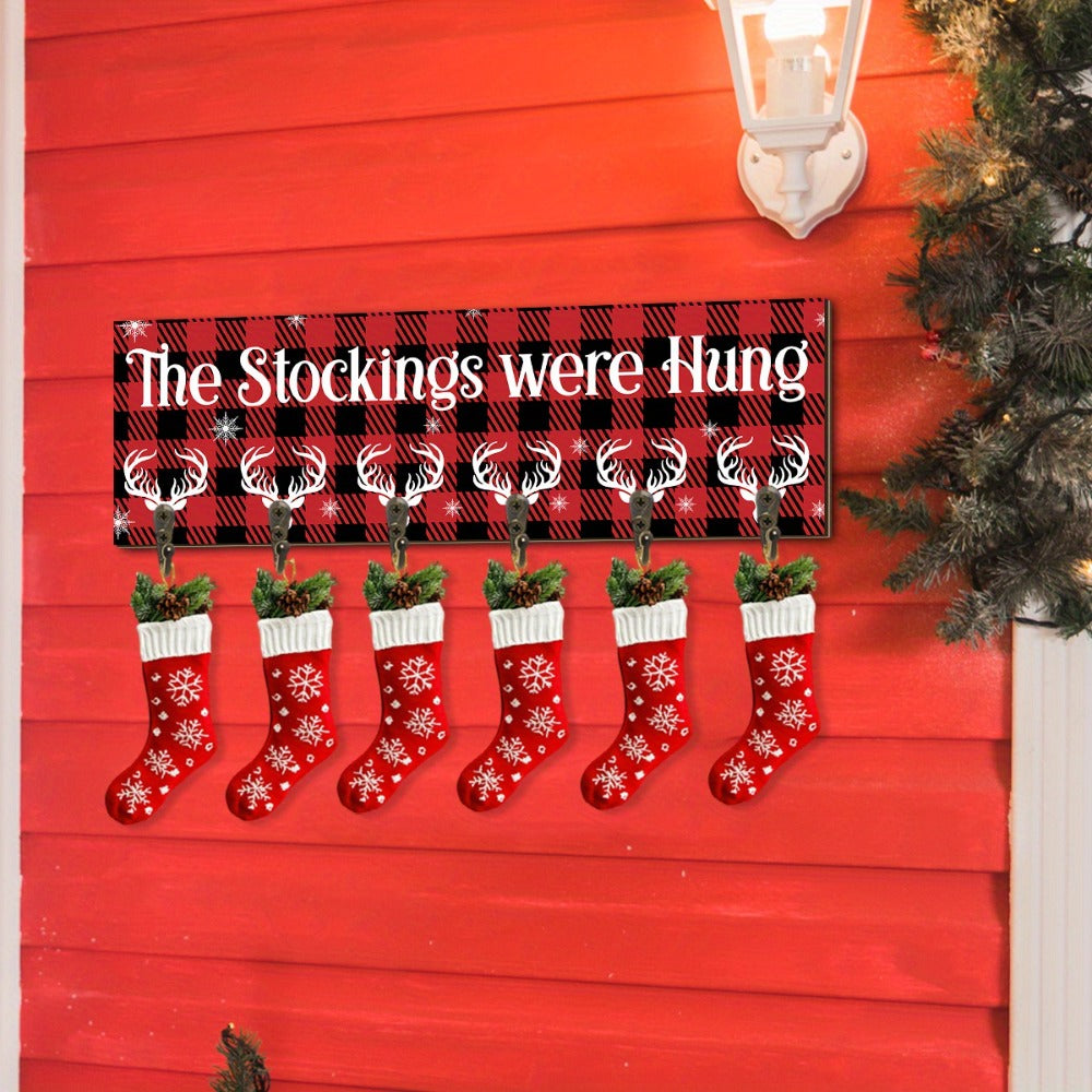 Christmas Stocking Wall Rack with Six Hooks, Red Plaid Sign and The Stockings Were Hung Text