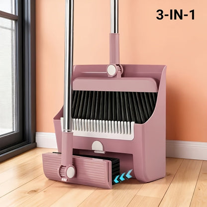 Broom and Dustpan Set 3-in-1 with Wiper - Non-Stick Hair Sweeper Household Floor Broom Combo for Indoor Outdoor Use - Ergonomic Handle Dustpan Broom Kit for Home Kitchen Office - White Pink Gray