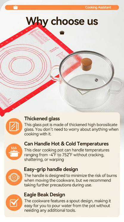 Glass Saucepan Set 2-Pack Stovetop Safe Borosilicate Ribbed Pots with Lids – 78oz & 54oz Heat Resistant Cookware for Soup, Ramen, Milk | Transparent Glass Pot Kitchen Cooking Set with Baking Mat