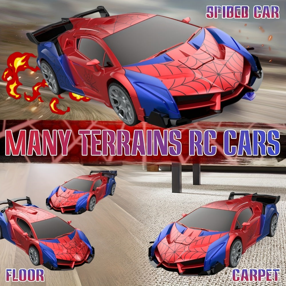 Remote Control Car, Spider-Man Pattern 1:18 Transforming Robot Vehicle with One-Button Change, LED Lights and Three Colors