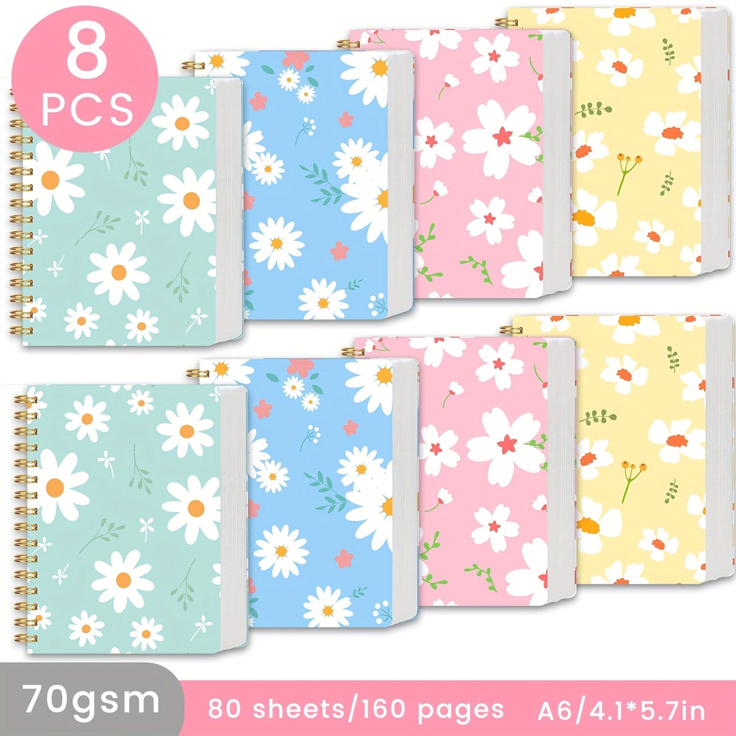 Eight-Pack A6 Floral Spiral Notebooks with Four Designs, Ruled Pages and Tear-Off Binding Pictured