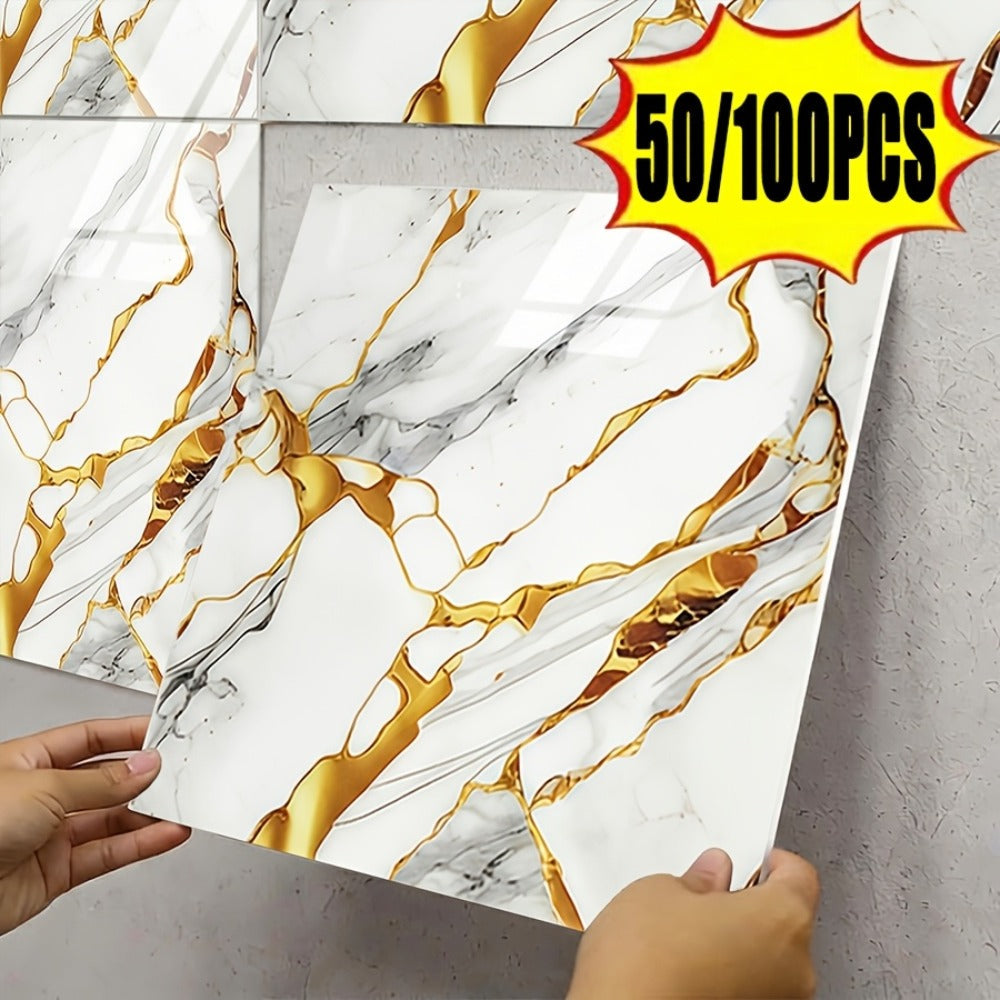 Marble Gold-Vein Wall Tile Sticker Set with 30 cm Panels, Four Colors and 50- or 100-Piece Packs