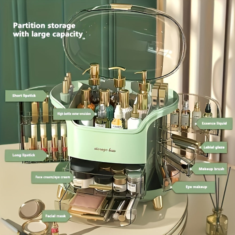 Covered Countertop Makeup Organizer with Transparent Display Top and Pull-Out Drawer in White or Green