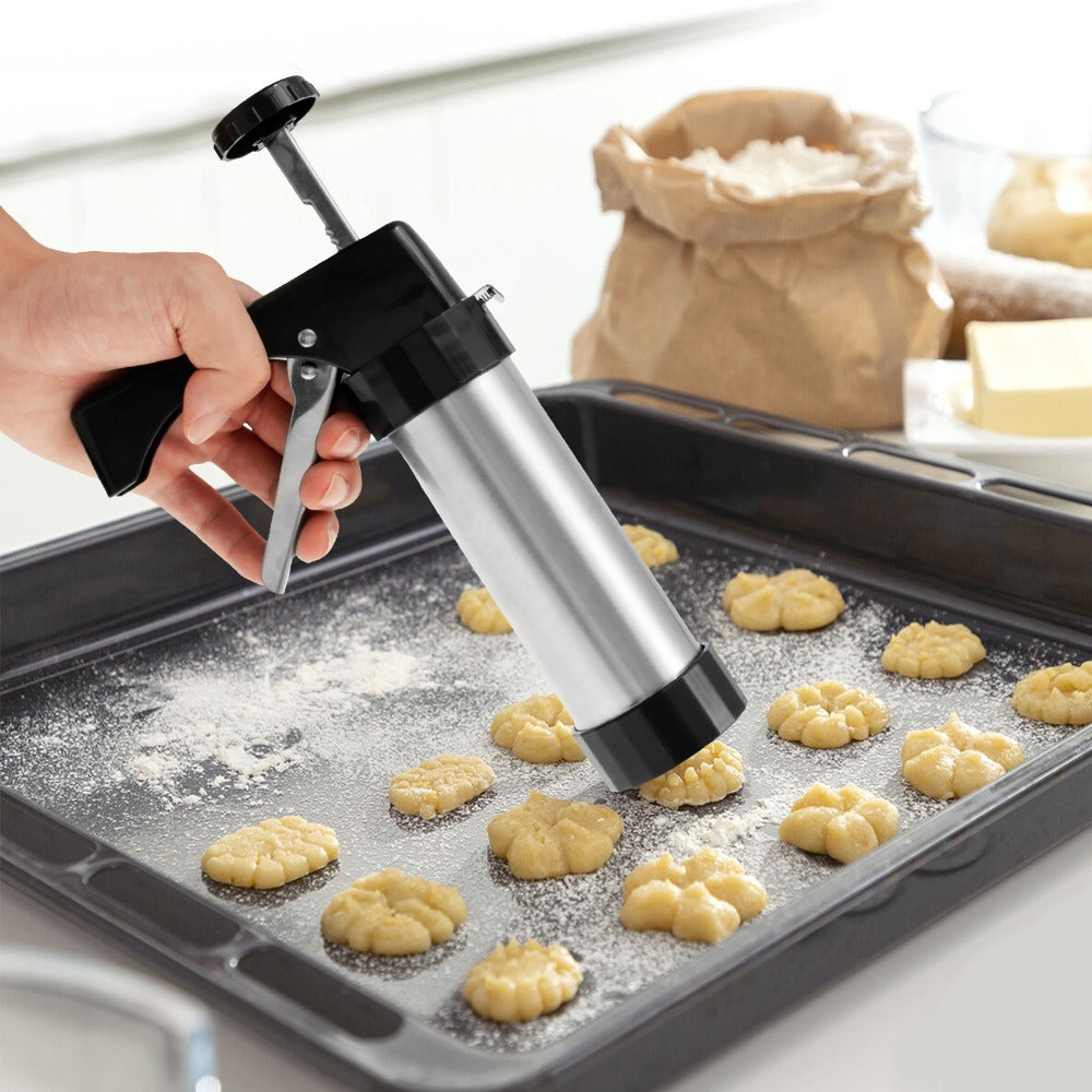 Stainless Steel Cookie Press Kit with 16 Discs, Eight Icing Tips and Cleaning Brush for Holiday Baking