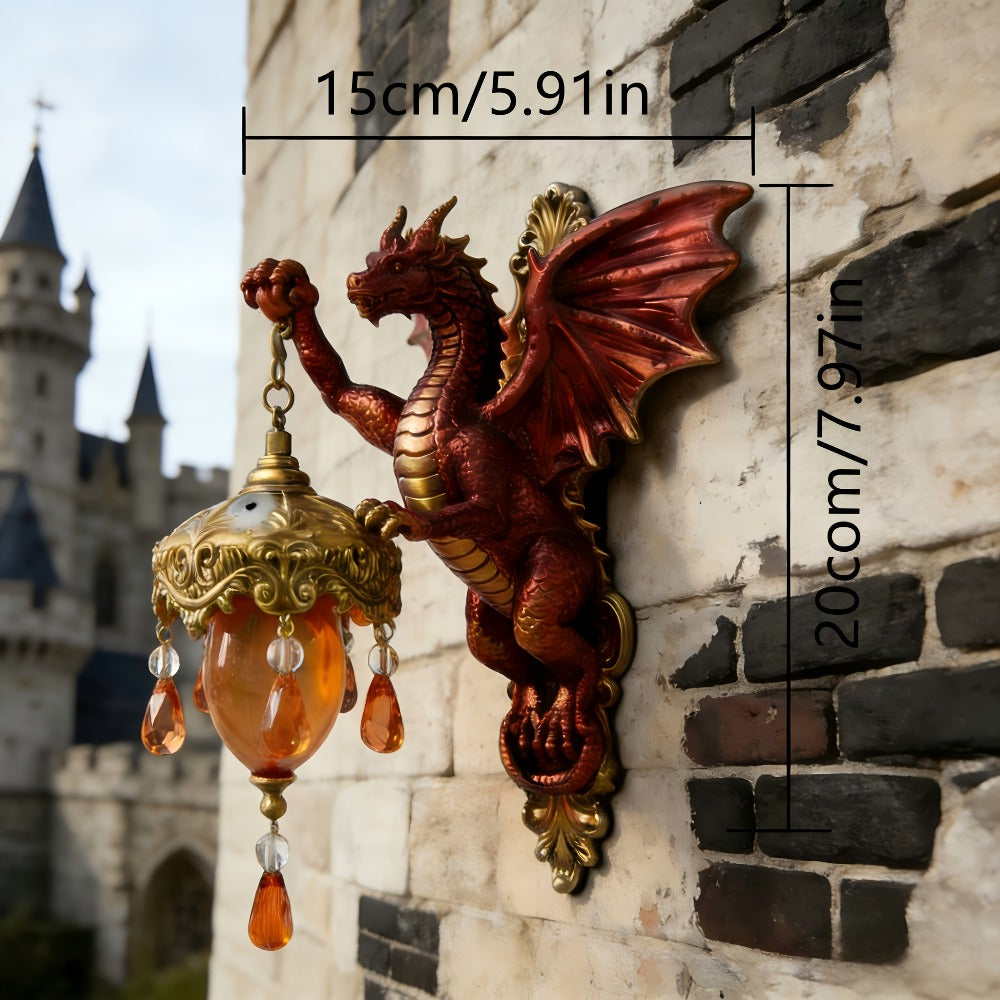 Red Dragon Wall Accent Light with Antique-Gold Lantern Shade and Amber Teardrop Decorations