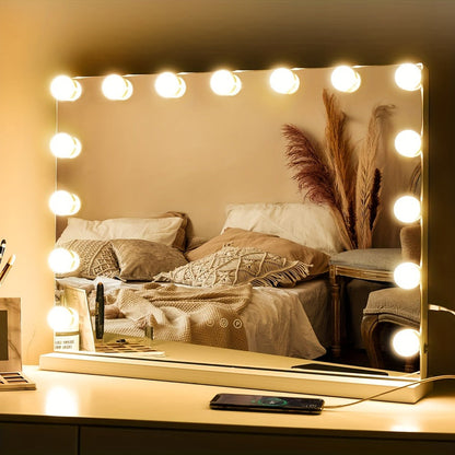 Lighted Vanity Mirror with 15 LED Bulbs - Hollywood Makeup Mirror 23x19 Inch, 3 Color Dimmable Lighting, Wall Mounted or Tabletop, USB Port, Brightness Memory, White, Large Professional Beauty Mirror