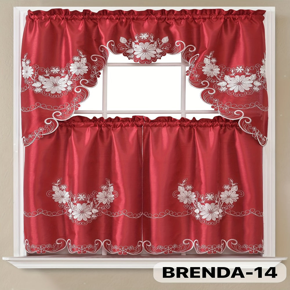 Three-Piece Patterned Kitchen Curtain Set with One Valance, Two Tiers and Forty-Six Exact Design Options