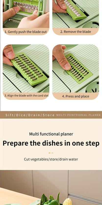 16-in-1 Green Vegetable Chopper with Round Container, Grid Dicing Plates, Slicer, Grater and Peeler Pieces