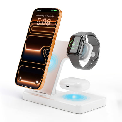 Foldable 3-in-1 Wireless Charging Station with LED Indicator & Anti-Slip Fast Charge for iPhone 17 16 15 14 13 12 11 Pro Max XR XS, Apple Watch Ultra Series 11 10 9 8 7 6 5 SE, AirPods 4 3 2 Pro & Samsung Galaxy – Black White, With/Without Adapter