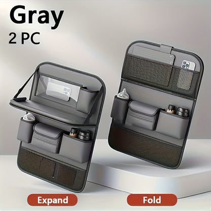 Car Seat Back Organizer PU Leather - Foldable Dining Table, Cup Holder, Multi-Pocket Storage Bag, Universal Fit Back Seat Travel Organizer for Kids & Passengers, 1pc or 2pc Set