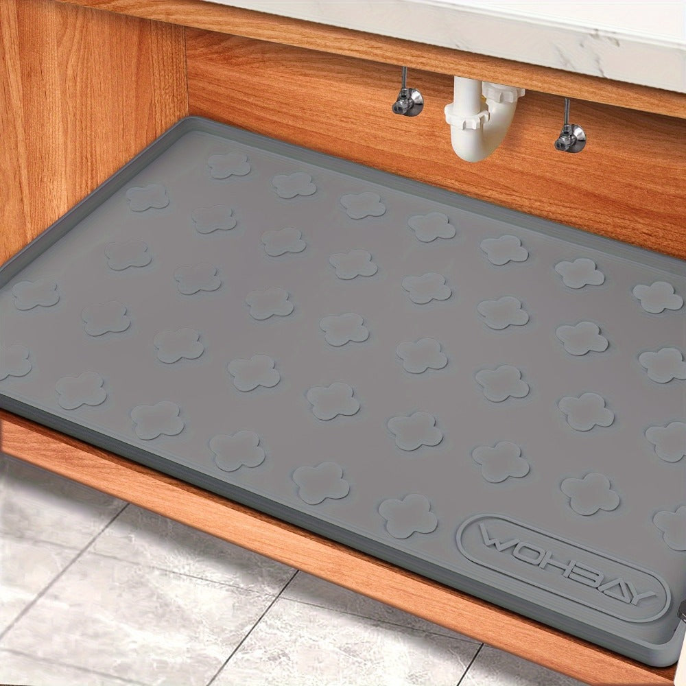 Under Sink Mat Waterproof Silicone 34" x 22" Undersink Drip Tray Liner for Kitchen Bathroom Cabinet, Holds 2 Gallons, Non-Toxic Durable Cabinet Protector with Raised Edges Four-Leaf Clover Pattern