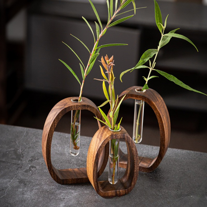 Four-Piece Wood-Frame Propagation Vase Set with Two Glass Tubes and Small and Large Oval Stands