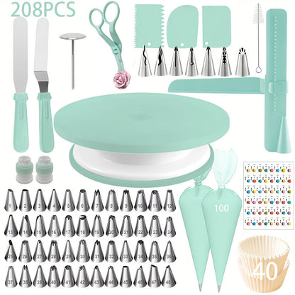 Cake Decorating Supplies Kit 208pcs, Stainless Steel Piping Nozzles Set with Cake Turntable Piping Bags Muffin Cups Chocolate Molds, Complete Baking Tools for Cupcakes Pastry Cookies Beginners