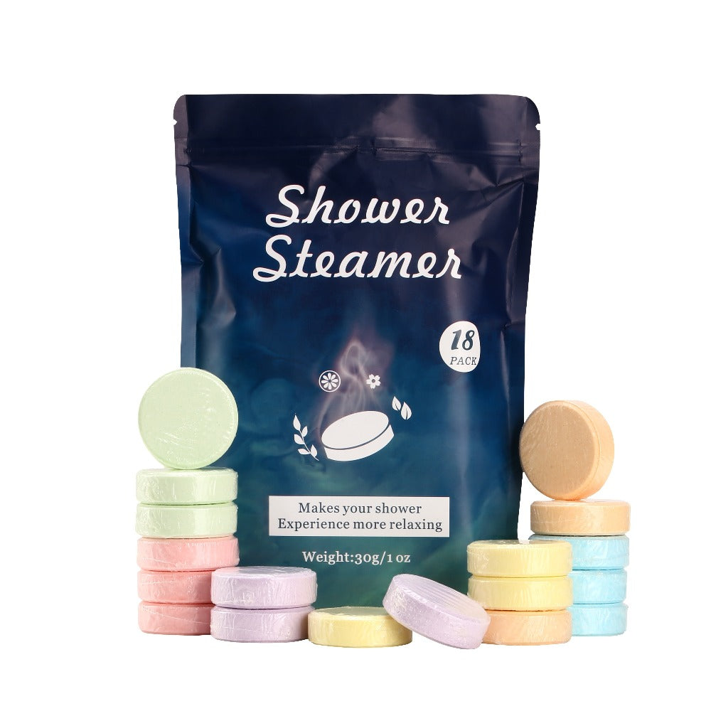 Eighteen Individually Wrapped Shower Steamers with Six Fragrance Labels and 30 g Tablet Packaging