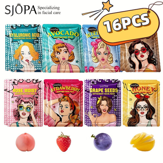 Goddess Hydrating Face Mask Sheet 16pcs Fruit & Honey Essence – Deep Moisturizing Long-Lasting Hydration for Dry Skin Women, Autumn Winter Skincare Gift