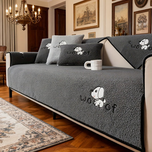 Sofa Cover Embroidered Plush-Texture Panels for Single to 4 Seats, Backrest, Armrest or Pillowcase