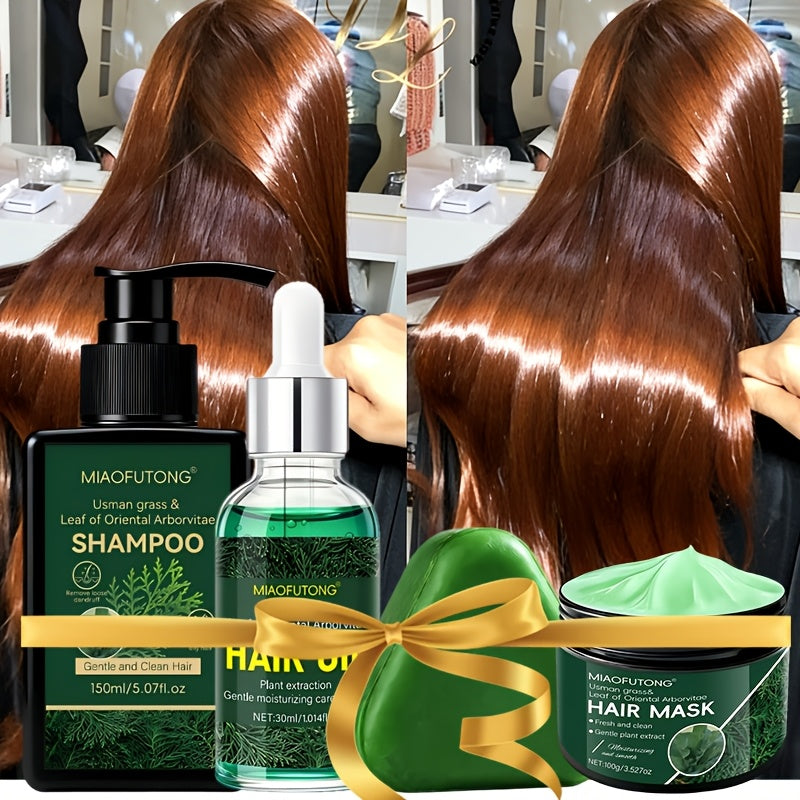 Four-Piece Usman Grass Hair Care Kit with 120g Shampoo Bar, Oil and Mask Container Formats