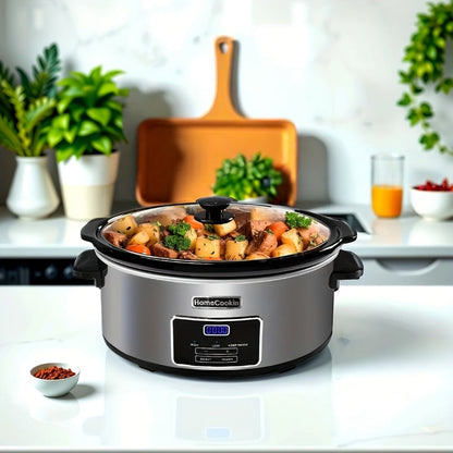 Slow Cooker 7.5 Quart Digital Programmable with Timer Ceramic Pot Stainless Steel Housing 3 Heat Settings Low High Keep Warm Large Capacity for Family Dinners Holiday Feasts Serves 10 Plus People