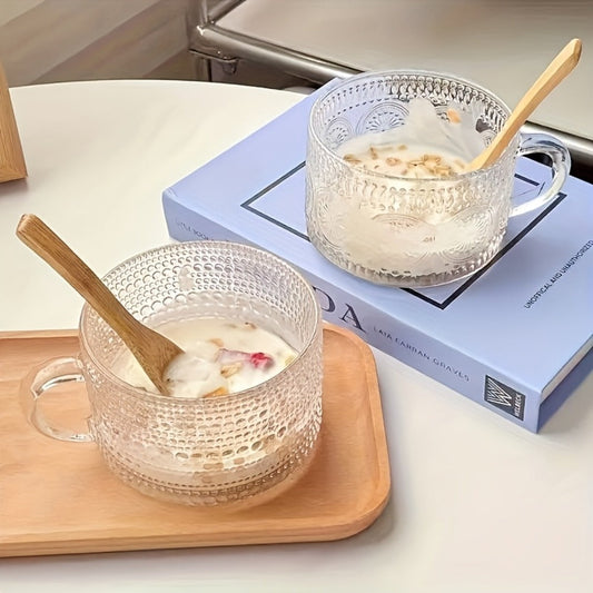 Glass Coffee Cups Set of 4 with Bamboo Lids and Spoons 450ml Vintage Embossed Iced Coffee Glasses for Cappuccino Latte Overnight Oats