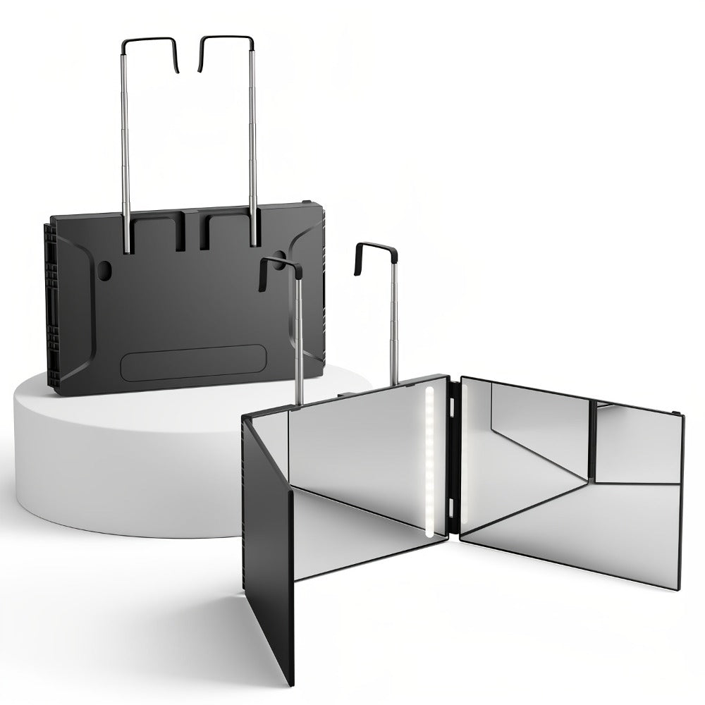 Three-Way Hair Cutting Mirror with Folding Panels, Adjustable Door Hooks and LED, Non-LED or Two-Pack Options