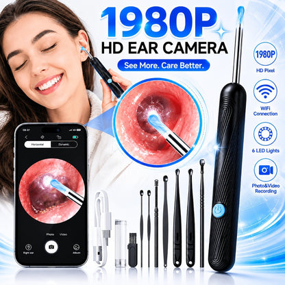 1080P-Marked Visual Ear Camera Kit with Six LED Lights, USB Charging and Black or White Accessory Sets